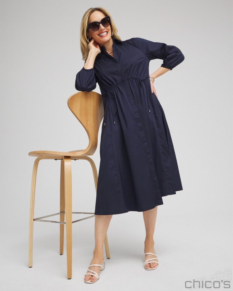 Chico's Poplin Adjustable Waist Shirt Dress Dresses Classic Navy | 653-VJFYPS