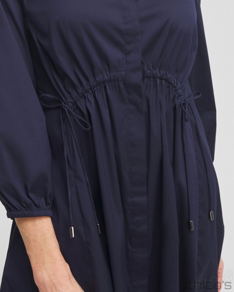 Chico's Poplin Adjustable Waist Shirt Dress Dresses Classic Navy | 653-VJFYPS