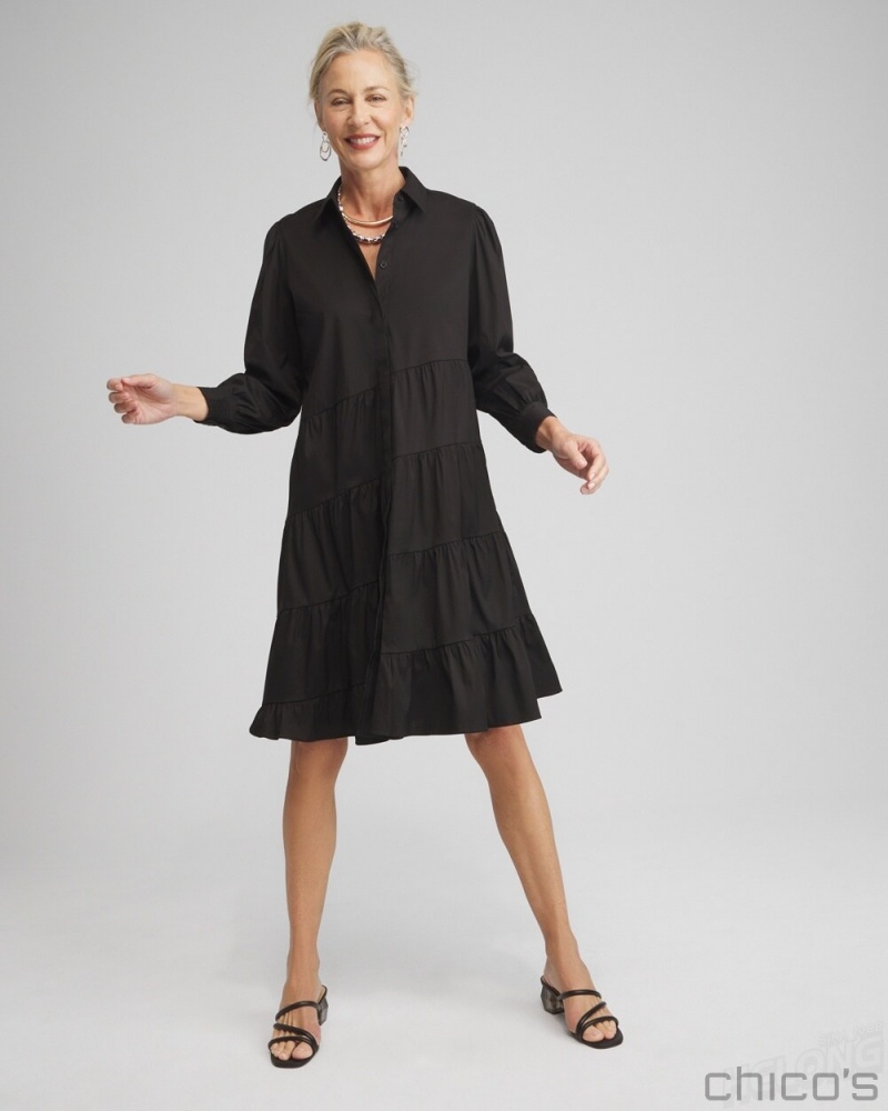 Chico's Poplin Asymmetrical Tiered Shirt Dress Dresses Black | 435-BTXYIF