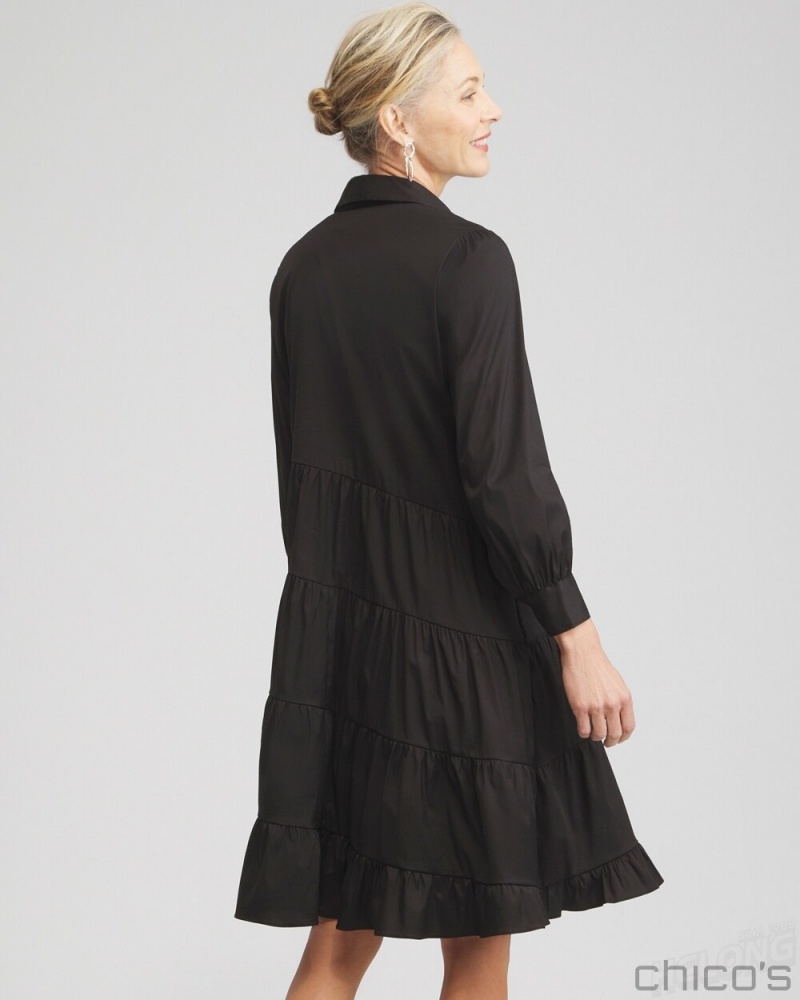 Chico's Poplin Asymmetrical Tiered Shirt Dress Dresses Black | 435-BTXYIF