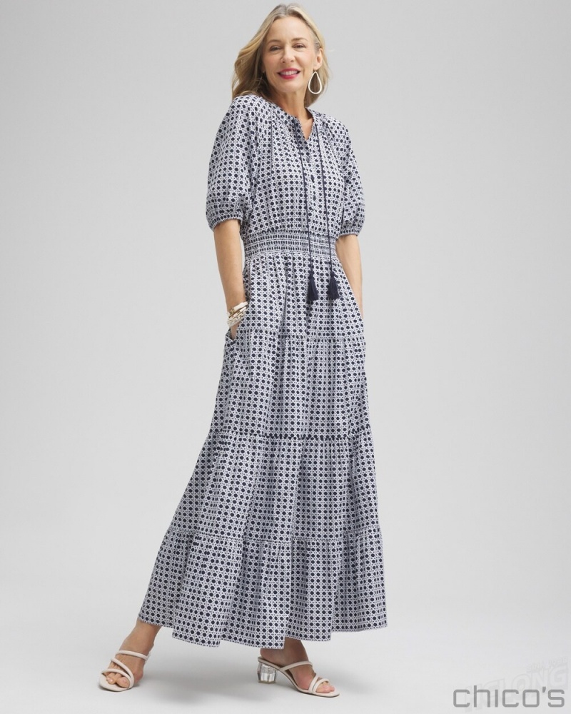 Chico's Poplin Basket Weave Maxi Dress Dresses Classic Navy | 641-ATQYBU