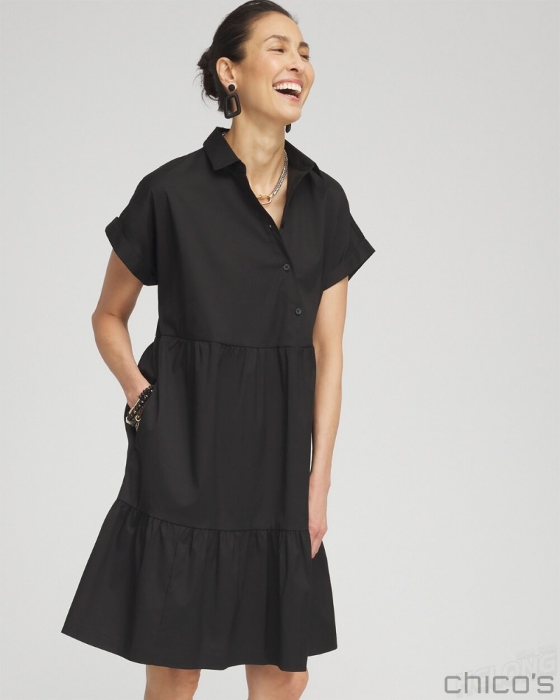 Chico's Poplin Diagonal Button Front Dress Dresses Black | 902-PFHUVX