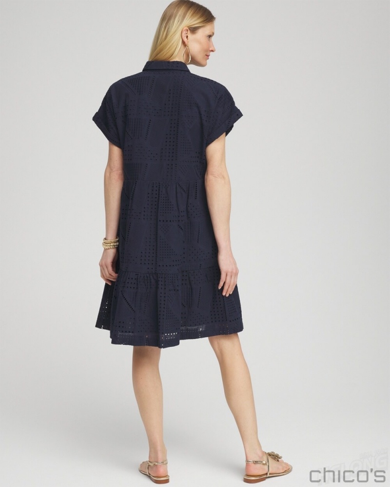 Chico's Poplin Diagonal Button Front Dress Dresses Classic Navy | 563-TPKJZA