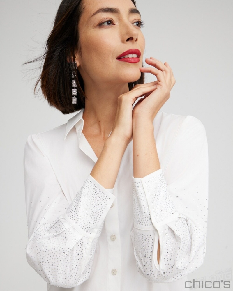 Chico's Poplin Embellished Sleeve Shirt Blouses & Shirts Alabaster | 729-BRWLEX