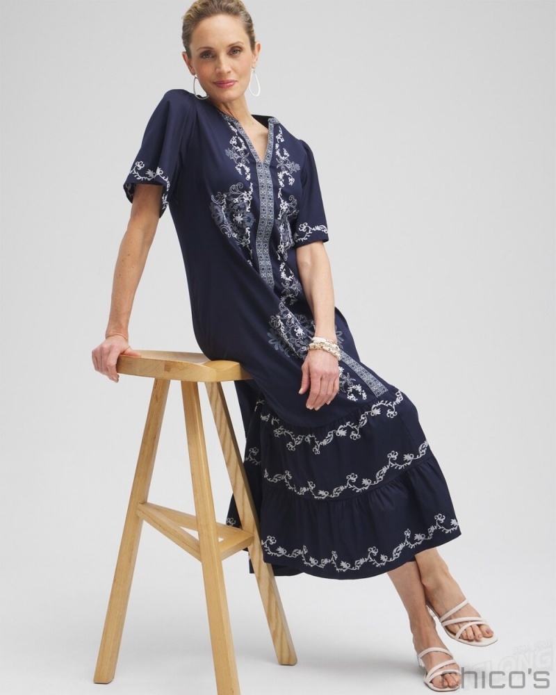 Chico's Poplin Embroidered Maxi Dress Dresses Classic Navy | 150-DXLSRG