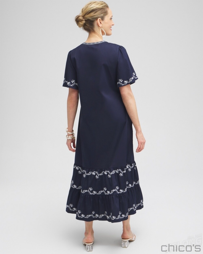 Chico's Poplin Embroidered Maxi Dress Dresses Classic Navy | 150-DXLSRG