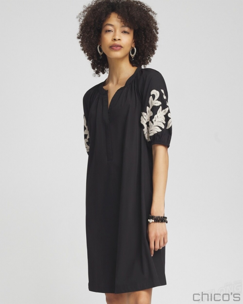 Chico's Poplin Embroidered Midi Dress Dresses Black | 678-JODZKV