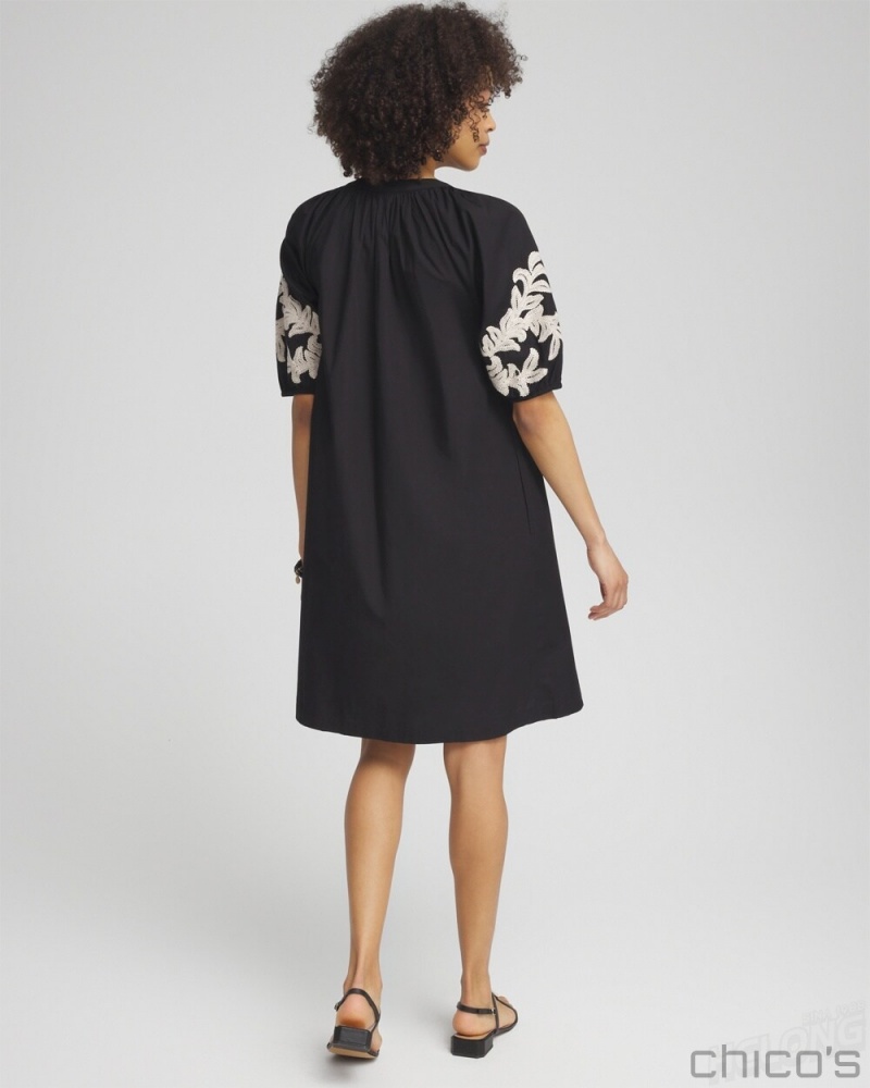 Chico's Poplin Embroidered Midi Dress Dresses Black | 678-JODZKV