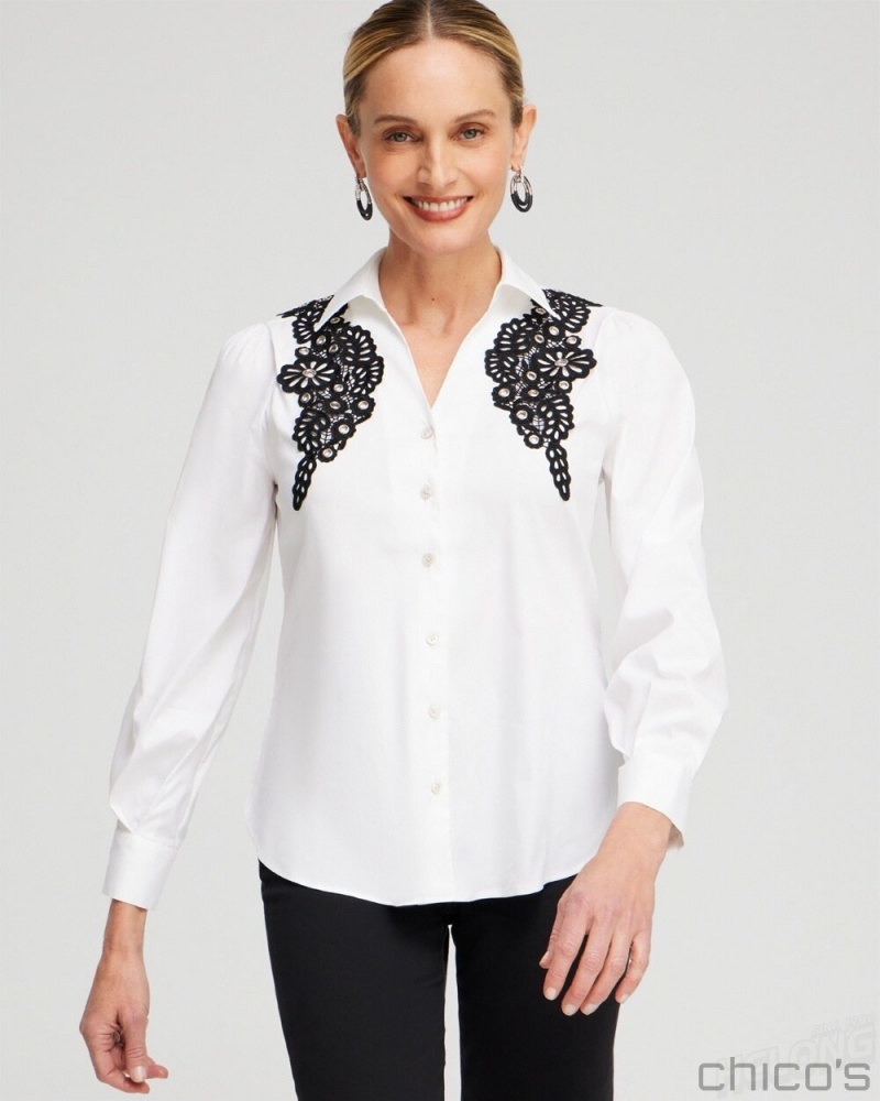 Chico's Poplin Lace Applique Shirt Blouses & Shirts Alabaster | 902-REAHVN