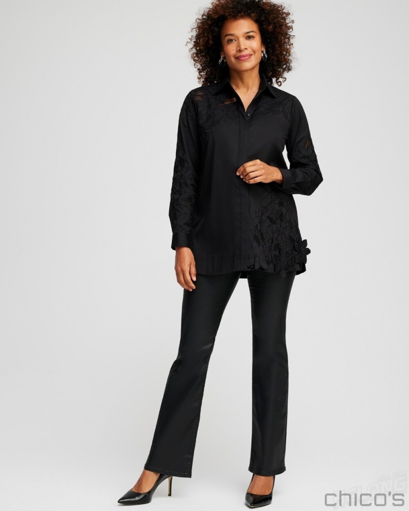 Chico's Poplin Lace Tunic Tops Black | 985-YQPKDO