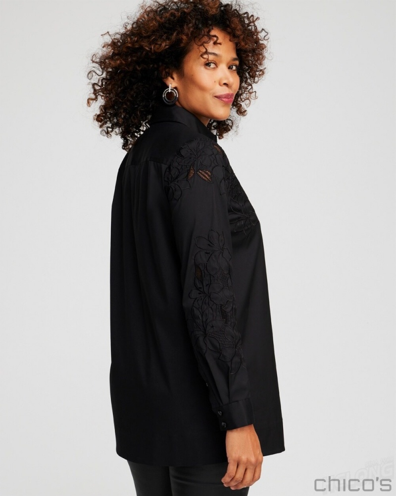 Chico's Poplin Lace Tunic Tops Black | 985-YQPKDO