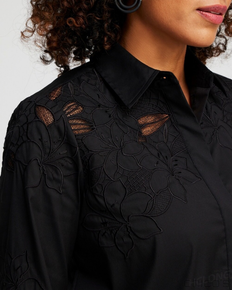 Chico's Poplin Lace Tunic Tops Black | 985-YQPKDO