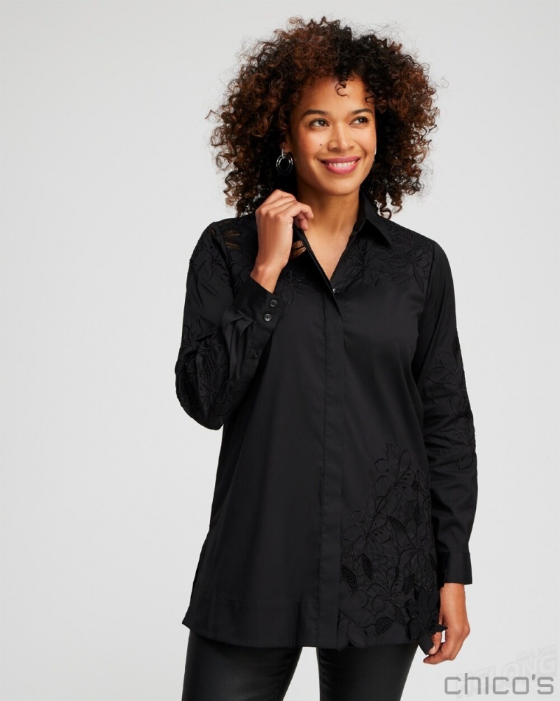 Chico\'s Poplin Lace Tunic Tops Black | 985-YQPKDO