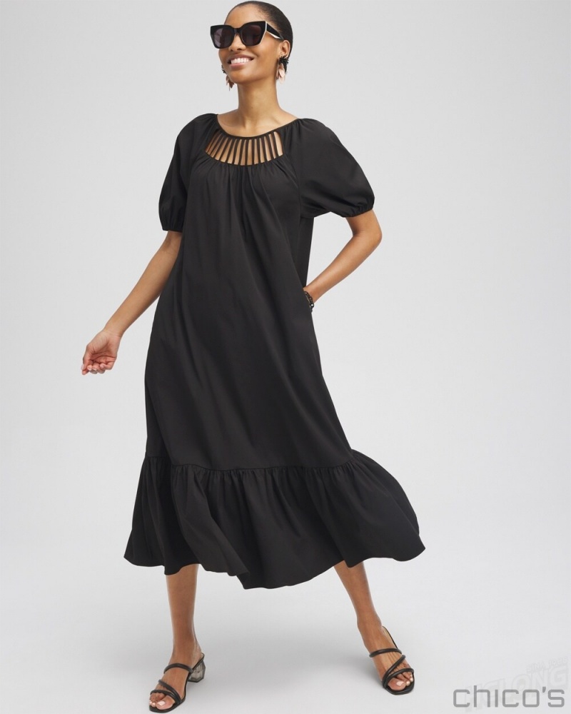 Chico's Poplin Ladder Detail Dress Dresses Black | 268-JCWMGN