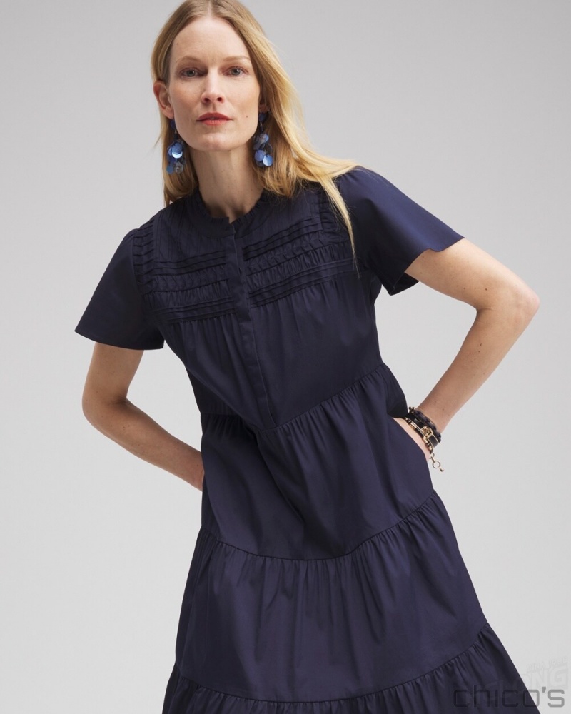 Chico's Poplin Pintuck Dress Dresses Classic Navy | 893-BKVWJR