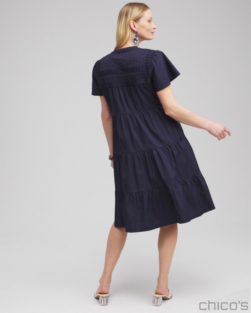 Chico's Poplin Pintuck Dress Dresses Classic Navy | 893-BKVWJR