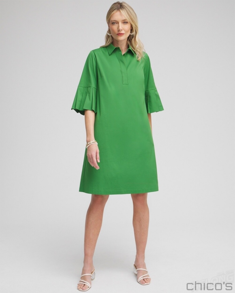 Chico's Poplin Pleat Sleeve Popover Dress Dresses Verdant Green | 257-ONURDS