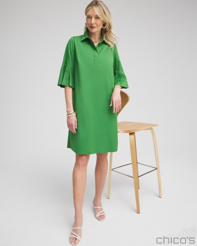 Chico's Poplin Pleat Sleeve Popover Dress Dresses Verdant Green | 257-ONURDS