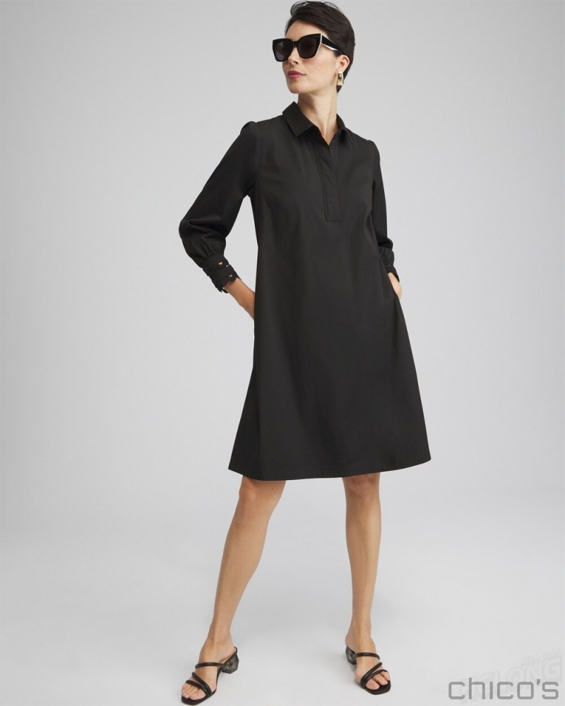 Chico's Poplin Ric Rac Shirt Dress Dresses Black | 843-BLHPGD