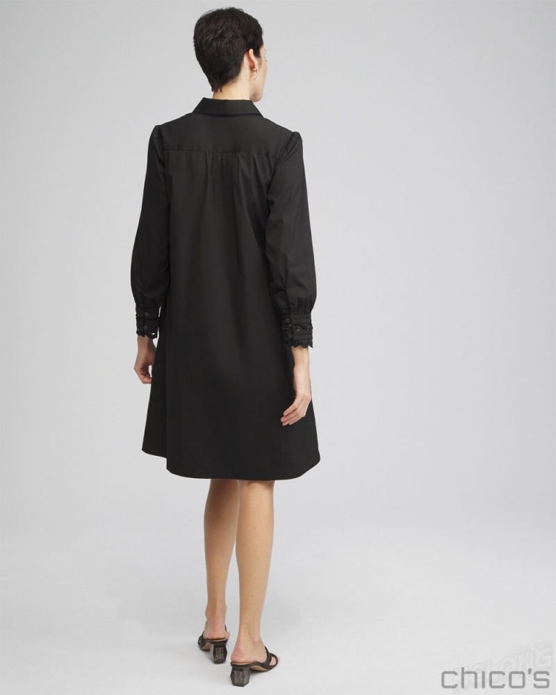 Chico's Poplin Ric Rac Shirt Dress Dresses Black | 843-BLHPGD