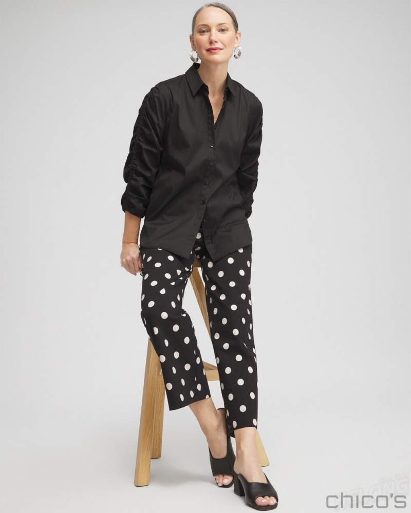 Chico's Poplin Ruched Sleeve Shirt Blouses & Shirts Black | 231-INREKS