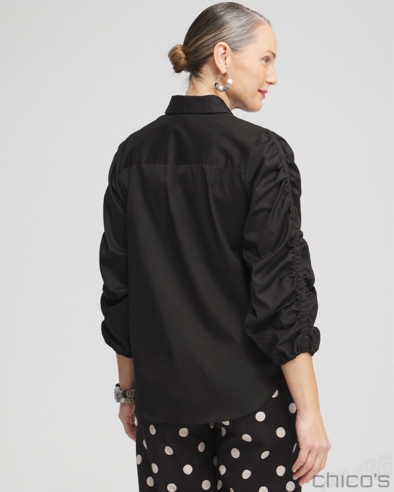 Chico's Poplin Ruched Sleeve Shirt Blouses & Shirts Black | 231-INREKS