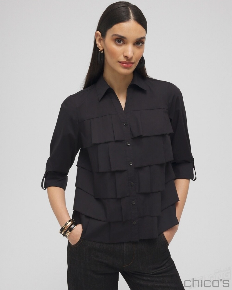 Chico's Poplin Ruffle Shirt Blouses & Shirts Black | 913-KRUSPL