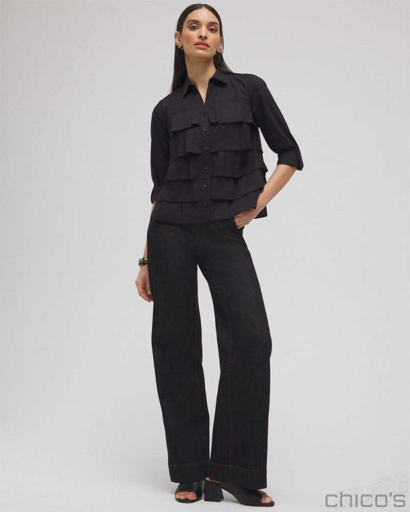 Chico's Poplin Ruffle Shirt Blouses & Shirts Black | 913-KRUSPL