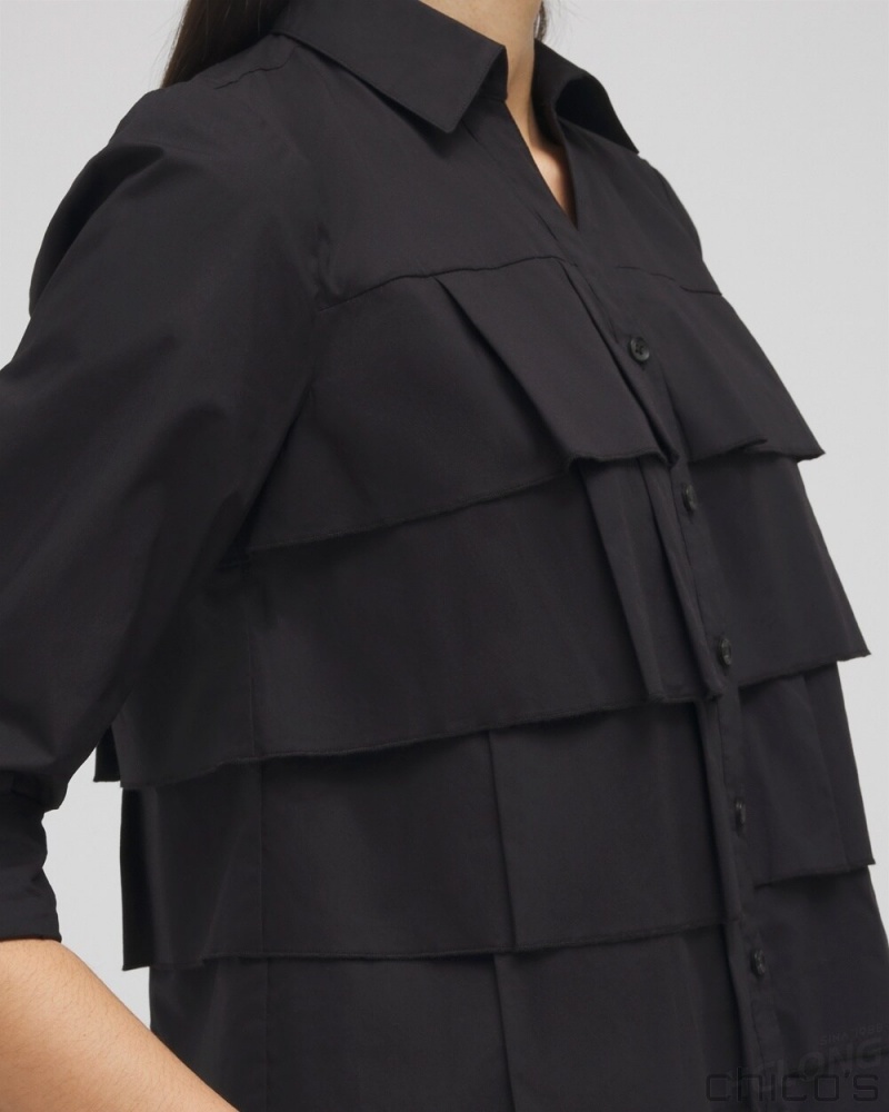 Chico's Poplin Ruffle Shirt Blouses & Shirts Black | 913-KRUSPL