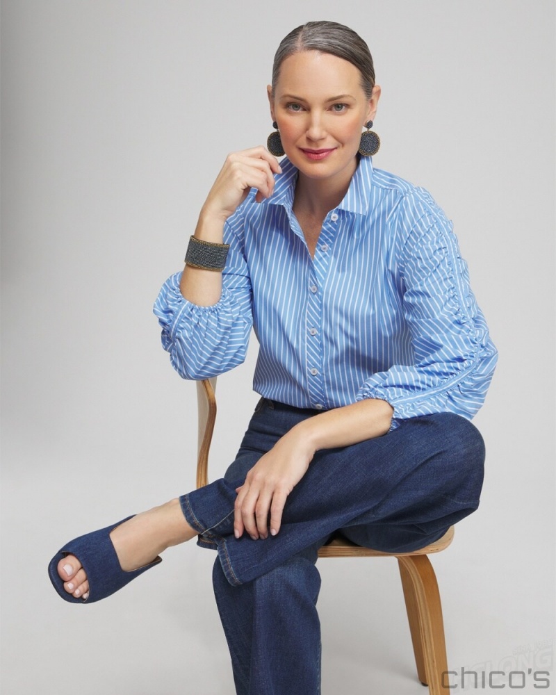 Chico's Poplin Stripe Ruched Sleeve Shirt Blouses & Shirts French Blue | 036-JVWTDH