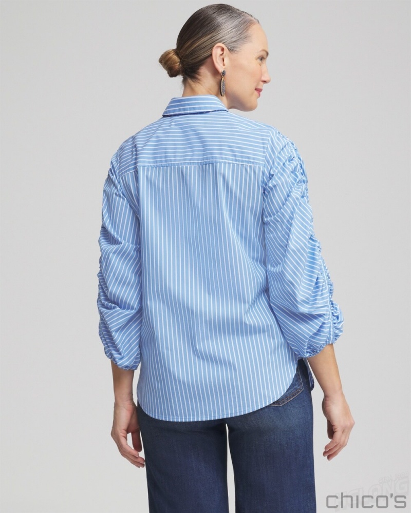 Chico's Poplin Stripe Ruched Sleeve Shirt Blouses & Shirts French Blue | 036-JVWTDH