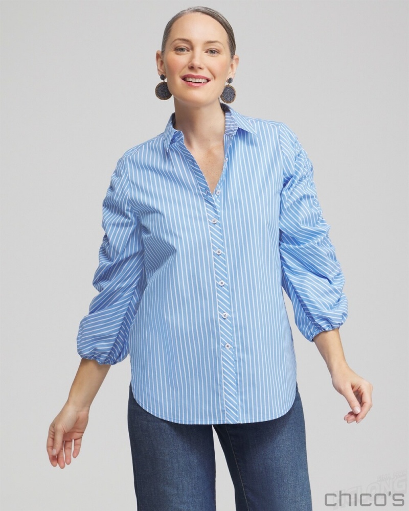 Chico\'s Poplin Stripe Ruched Sleeve Shirt Blouses & Shirts French Blue | 036-JVWTDH