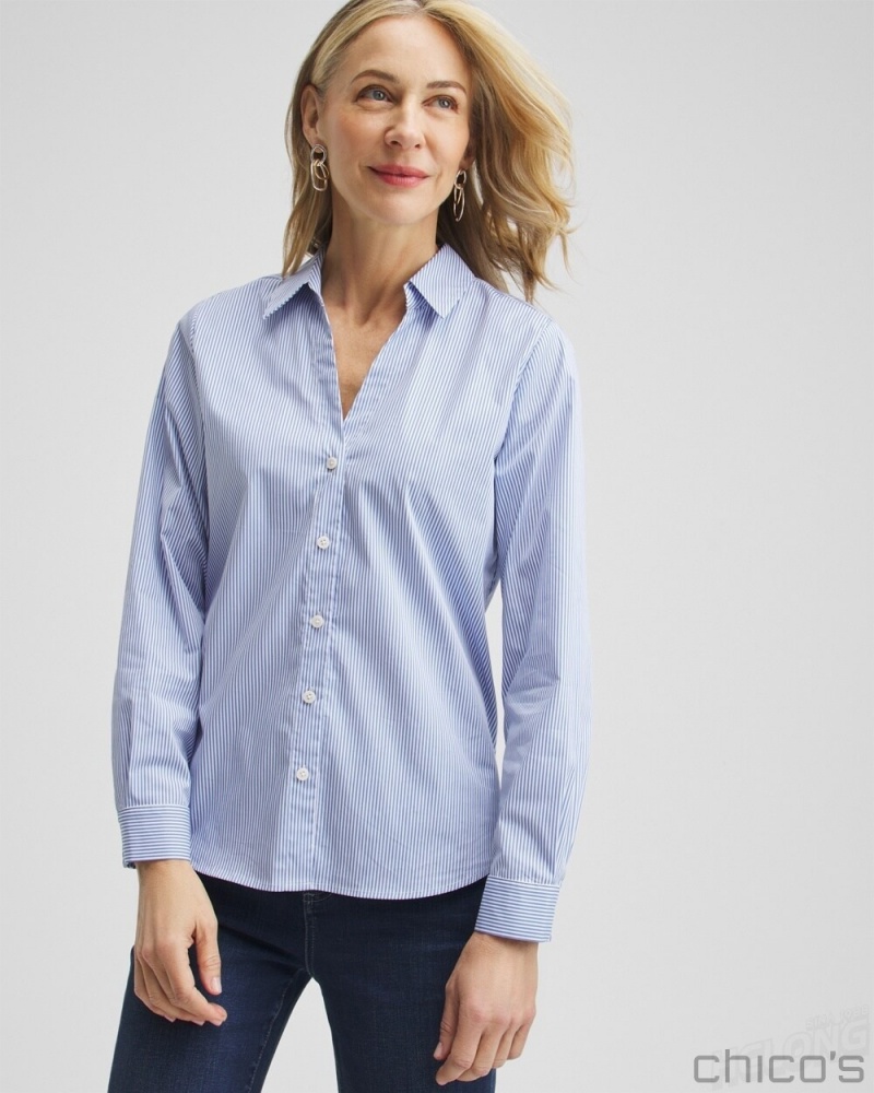 Chico's Poplin Stripe Shirt Blouses & Shirts French Blue | 834-WXLEIT