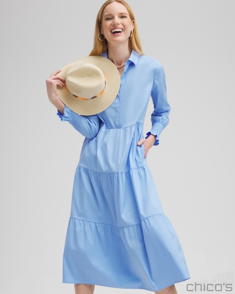 Chico's Poplin Tiered Shirt Dress Dresses Blue Veil | 086-BGMEAT