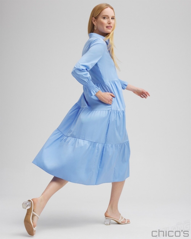 Chico's Poplin Tiered Shirt Dress Dresses Blue Veil | 086-BGMEAT