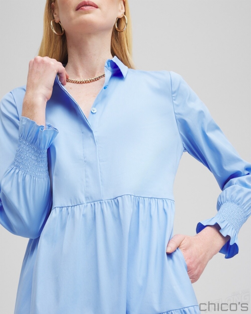 Chico's Poplin Tiered Shirt Dress Dresses Blue Veil | 086-BGMEAT