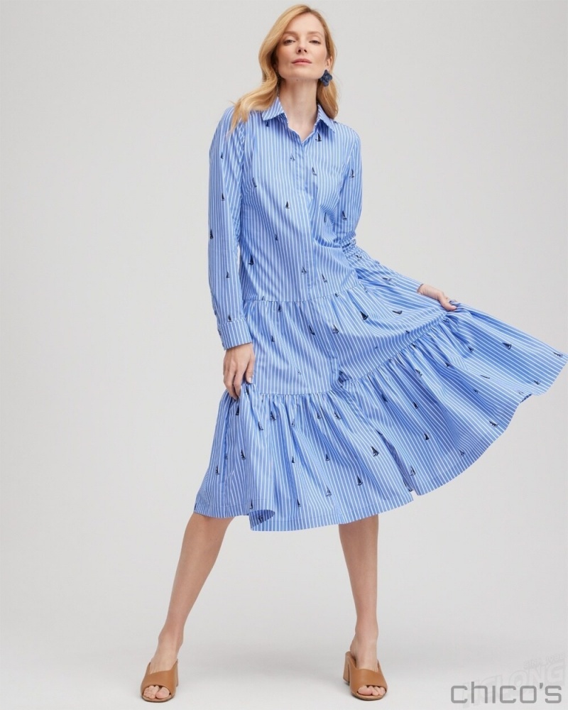 Chico's Poplin Tiered Stripe Shirt Dress Dresses Wisteria Blue | 831-ZCVUPW