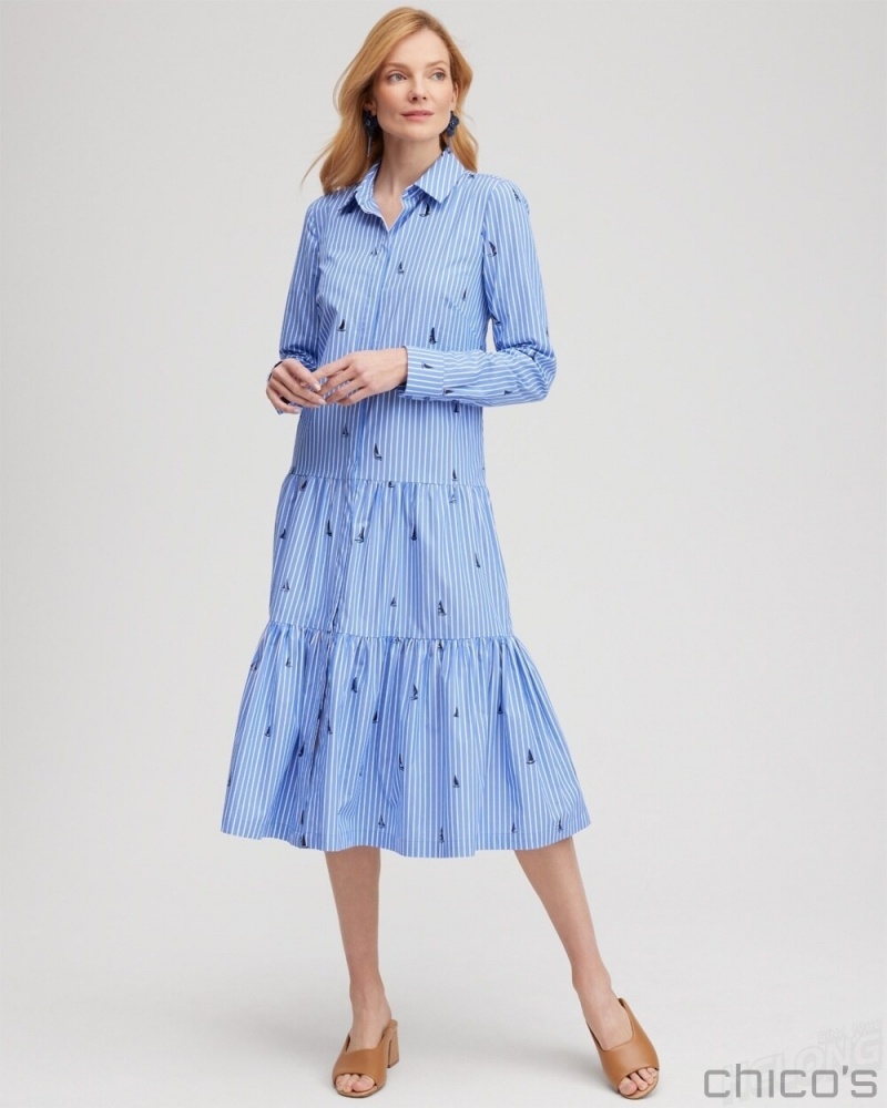 Chico's Poplin Tiered Stripe Shirt Dress Dresses Wisteria Blue | 831-ZCVUPW