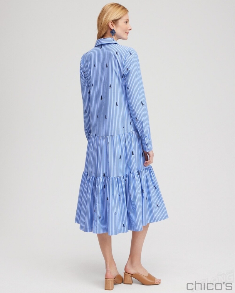 Chico's Poplin Tiered Stripe Shirt Dress Dresses Wisteria Blue | 831-ZCVUPW