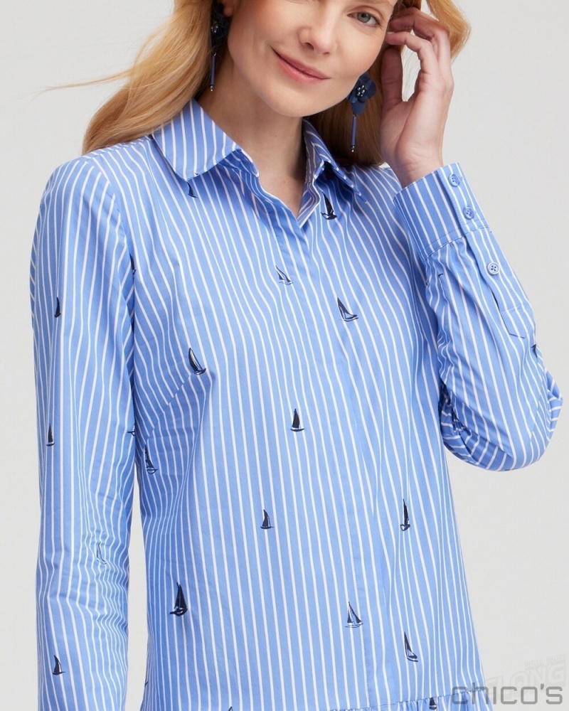 Chico's Poplin Tiered Stripe Shirt Dress Dresses Wisteria Blue | 831-ZCVUPW