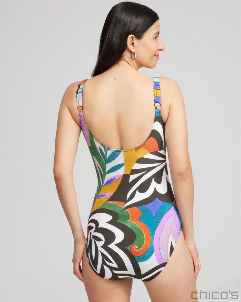 Chico's Print Square Neck One Piece Swimsuit Swim Multi | 904-LGBZQN