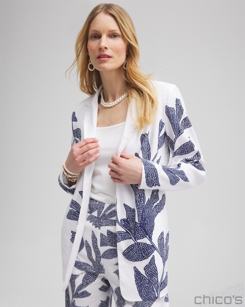 Chico's Printed Linen Blend Stretch Blazer Jackets & Coats Alabaster | 431-QKSILM