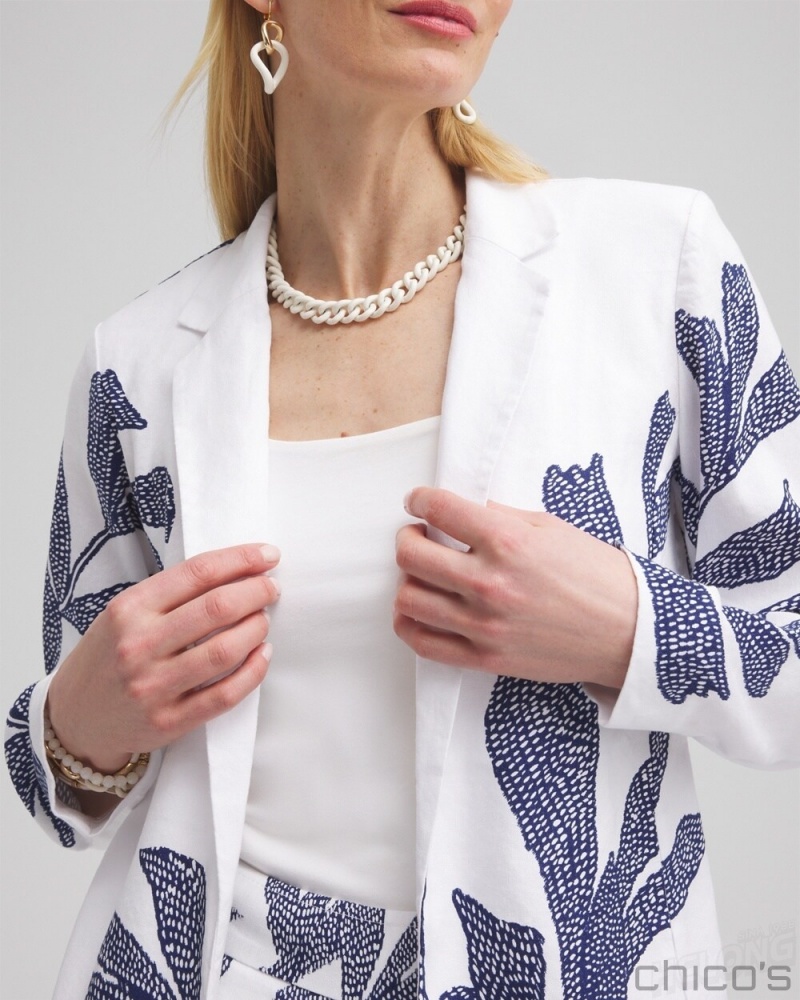 Chico's Printed Linen Blend Stretch Blazer Jackets & Coats Alabaster | 431-QKSILM