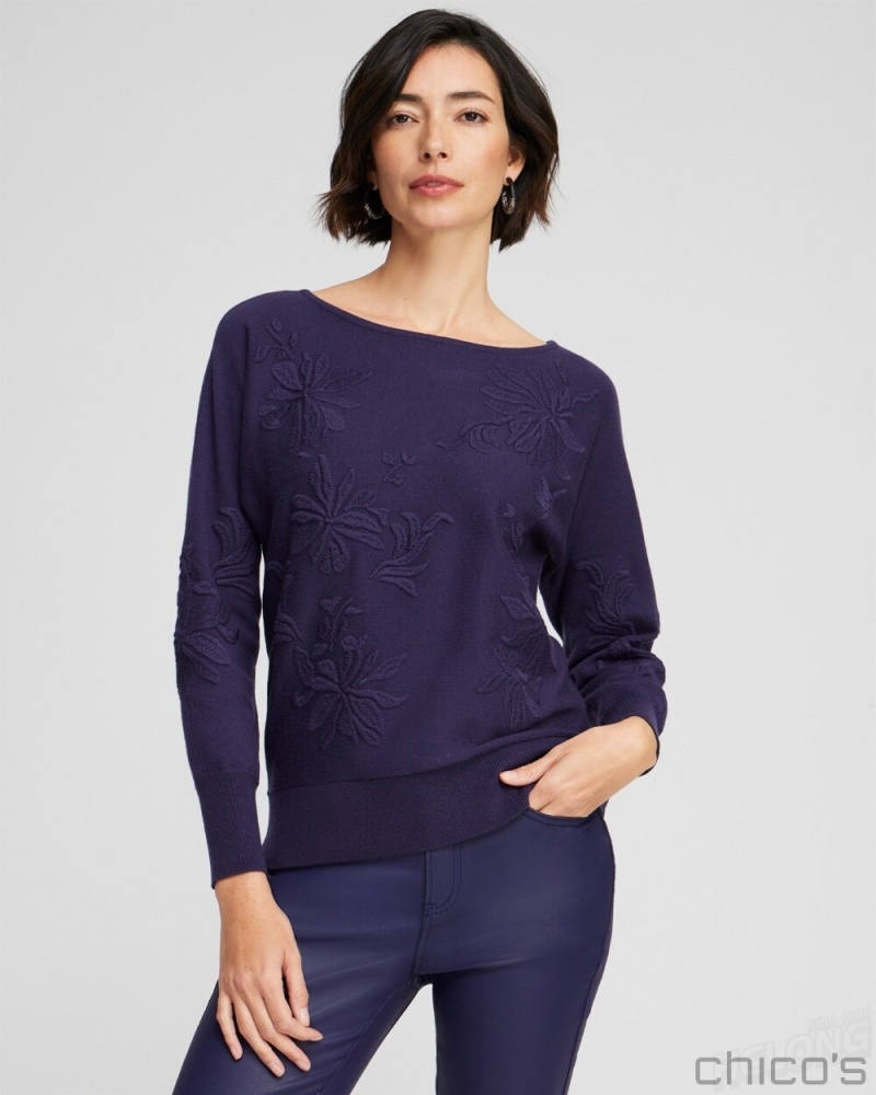 Chico's Purple Textured Floral Pullover Sweater Sweaters Dewberry | 837-INXLAG