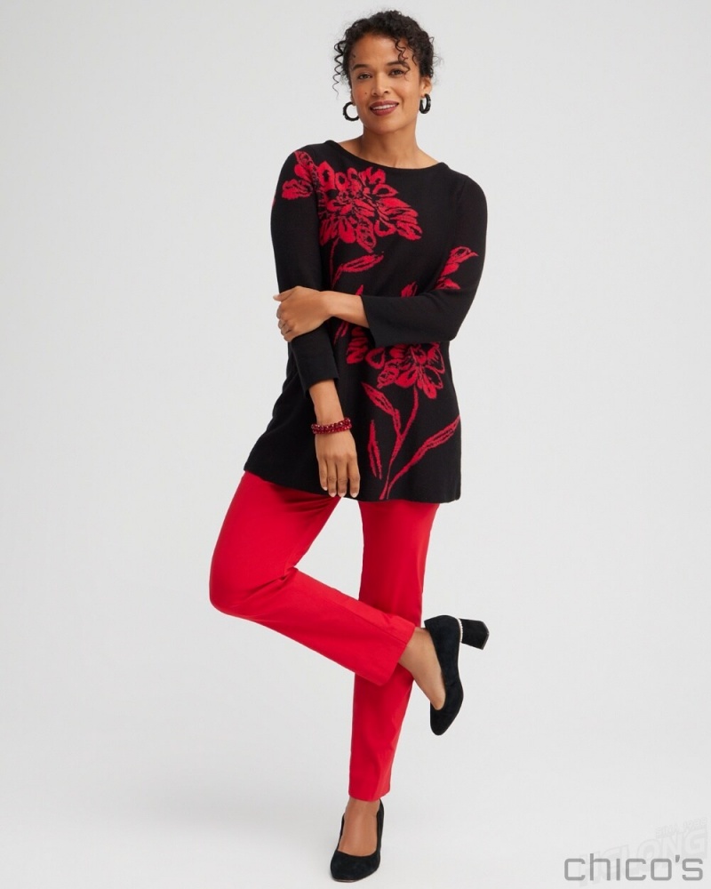 Chico's Red Floral Pullover Sweater Sweaters Black | 306-GDZJFN