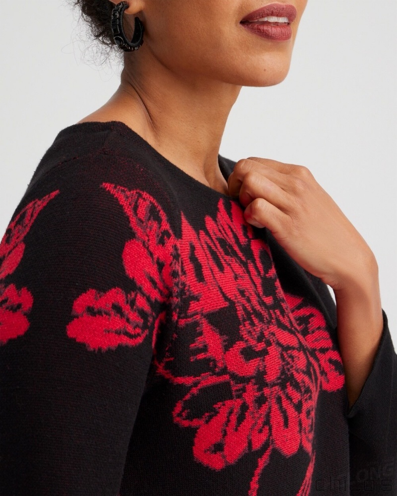 Chico's Red Floral Pullover Sweater Sweaters Black | 306-GDZJFN