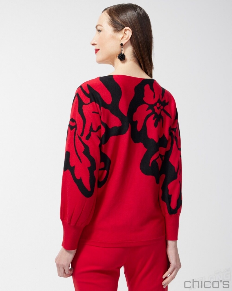 Chico's Red Print Pullover Sweater Sweaters Wild Poppy | 589-ZMONDW