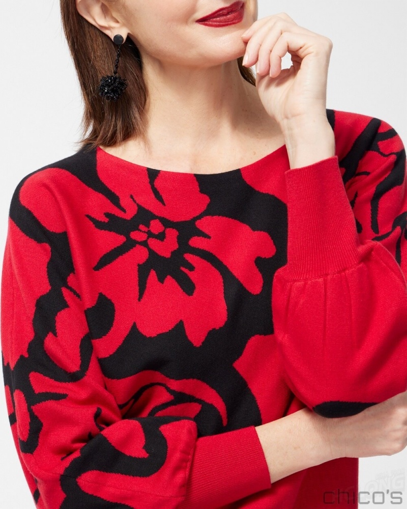 Chico's Red Print Pullover Sweater Sweaters Wild Poppy | 589-ZMONDW