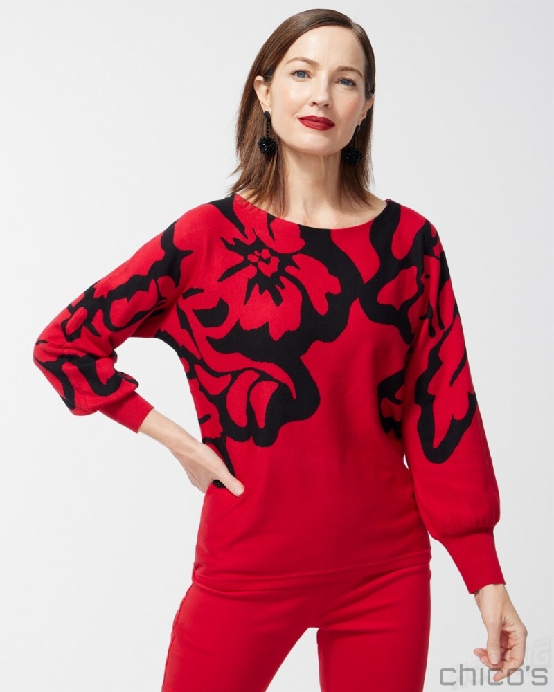 Chico\'s Red Print Pullover Sweater Sweaters Wild Poppy | 589-ZMONDW