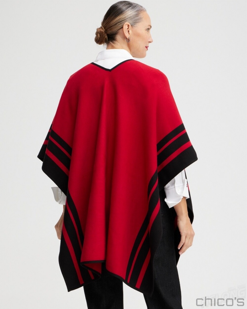 Chico's Red Stripe Border Ruana Ponchos & Ruanas Red Allure | 741-CBATHS